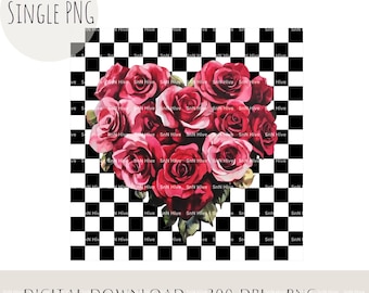 Retro Roses Heart PNG, Checkered Valentine's Day Design (Digital Download)