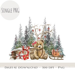 Scène de Noël hivernale avec un ours en peluche PNG | Ours mignon des cliparts de décoration de Noël dans les bois | Étiquettes-cadeaux de Noël, conception de cartes, téléchargement par sublimation