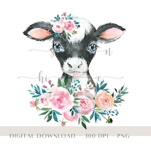 Floral Baby Calf PNG, Watercolour Baby Animal, Farm Animal Clipart, Roses and Baby Cow, Baby Cow PNG, Sublimation Design, Digital Download