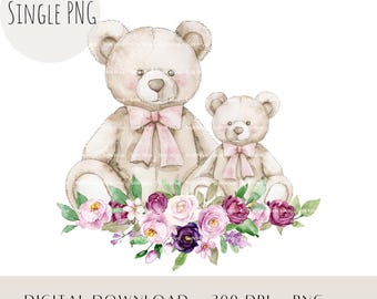 Mamá y bebé oso PNG: Diseño floral de bosque (Descarga digital)