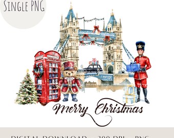 Oso navideño londinense PNG/Clipart de escena navideña británica/Lindo paraíso invernal con regalos y árbol de guardia/Diseño de sublimación del Puente de la Torre