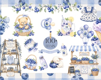 Blueberry Baby Shower Clipart HUGE Bundle, Little Blueberry Theme Watercolor PNG, Locally Grown Baby Shower Decor, Berry Birthday Clipart