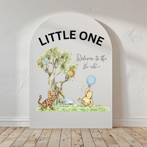 May include: A decorative sign with the words "LITTLE ONE" at the top. Below, a tree with Winnie the Pooh characters, a tiger, and a blue balloon. The text "Welcome to the World" is written in cursive.