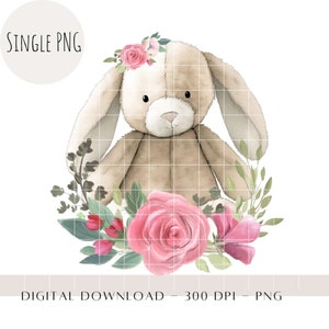 PNG floreale tenero coniglietto, PNG per sublimazione degli animali per bambini, Immagine della cartolina di Pasqua, Decorazione del cestino di Pasqua, File pressa di calore del coniglio, Download digitale