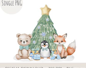 Woodland Christmas Animals PNG, Christmas Tree Scene, Sublimation Design (Digital Download)