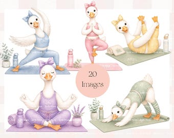 Paquete de imágenes prediseñadas de gansos gimnastas en acuarela, ganso de yoga en tonos pastel PNG, lindas imágenes prediseñadas de gansos de ballet, conjunto de 20 imágenes PNG de animales deportivos en acuarela para niñas