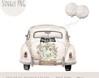 Just Married Car PNG, Watercolor Wedding Clipart (Digital Download)