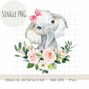 Elefante bebê com laço, berçário floral, design de sublimação infantil, decoração de aniversário de meninas, chá de bebê, prensa térmica de elefante, download digital