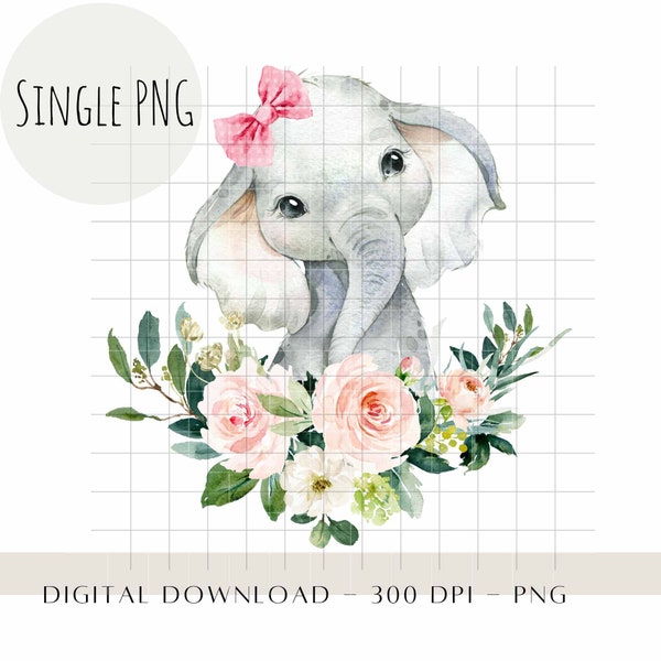 Baby Elephant with Bow , Floral Nursery, Kids Sublimation Design, Girls Birthday Décor, Baby Shower, Elephant Heat Press, Digital Download