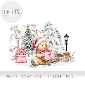 Diseño de sublimación clásico de Navidad de Winnie the Pooh / Bosque de invierno rosa PNG / Primera Navidad del bebé PNG / Descarga digital
