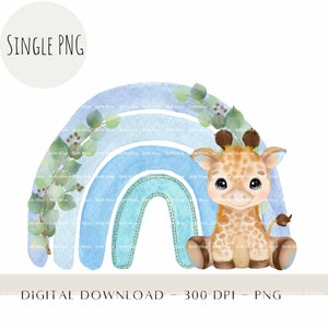 Baby-Giraffe mit Regenbogen, Aquarell Kindertiere Sublimation PNG, Safari ClipArt, Geburtstagsdekoration, Giraffe Heat Press Digitaler Download