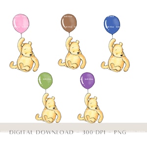 Könnte beinhalten: Fünf digitale Illustrationen von Winnie Puuh, der Ballons in verschiedenen Farben hält: rosa, braun, blau, grün und lila. Jede Illustration zeigt Winnie Puuh mit einem glücklichen Ausdruck, der einen Ballon mit einer Schnur hält, die an seiner Hand befestigt ist. Die Ballons sind alle rund und haben ein einfaches Design. Der Hintergrund ist weiß.