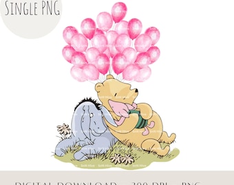 Storybook Pooh Pink Balloons PNG, Classic Bear Hunny Baby Girl Shower Clipart, Nursery Sublimation Design Printable