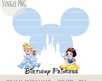Princesa de cumpleaños PNG, marco de castillo de princesa bebé para sublimación, diseño de cumpleaños de Cenicienta y Blancanieves, descarga digital