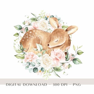 Baby Deer Rose Rosa PNG, Kids Sublimation Design, New Baby Card Image, Watercolour Baby Shower Clipart, Woodland Deer, Digital Download