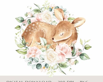 Baby Deer Pink Roses PNG, Kids Sublimation Design, New Baby Card Image, Watercolour Baby Shower Clipart, Woodland Deer, Digital Download