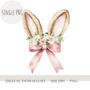 May include: A pair of fluffy bunny ears with a pink satin bow and a floral arrangement of pink and white flowers.