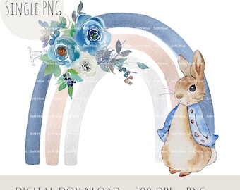 Cute Bunny with Neutral Rainbow PNG, Rabbit Floral Rainbow Design, Invite Card Design Rabbit Sublimation PNG, Birthday Décor, Card Design