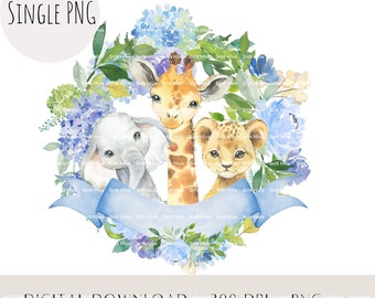 May include: Watercolor illustration of a giraffe, elephant, and lion cub surrounded by blue and purple flowers. The animals are peeking out from behind a blue ribbon.