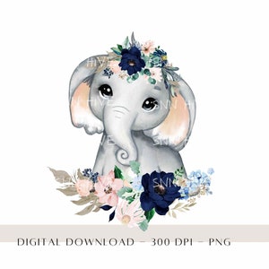 Floral Baby Elephant PNG, Azul marino y rubor Floral PNG, Diseño de sublimación para niños, Decoración de cumpleaños, Baby Shower PNG, Prensa de calor de elefante