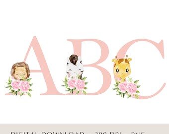 May include: Pink watercolor letters A, B, and C with cute animal illustrations. A lion is peeking out from behind the A, a zebra is peeking out from behind the B, and a giraffe is peeking out from behind the C. Each letter is surrounded by pink flowers.