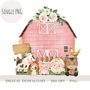 Animaux de la ferme roses, Designs de cartes bébés animaux, Sublimation pour enfants, Fond d'anniversaire, Impression pour chambre de bébé de la ferme, Décoration de gâteau à télécharger