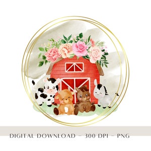 Pink Floral Farm Animals PNG, Farm Baby Animals Card Designs, Conception de sublimation pour enfants, Transfert de chaleur, Décor d’anniversaire à la ferme, Téléchargement numérique