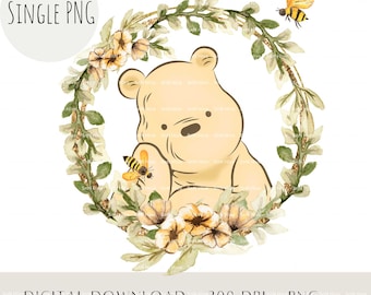 Storybook Pooh Floral PNG, Classic Bear Hunny Flowers Clipart, Baby Shower Birthday Sublimation Design Printable