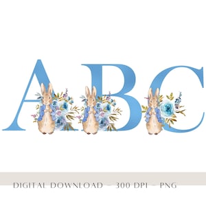 May include: Blue watercolor letters A, B, and C with a bunny rabbit in a blue jacket and floral accents.