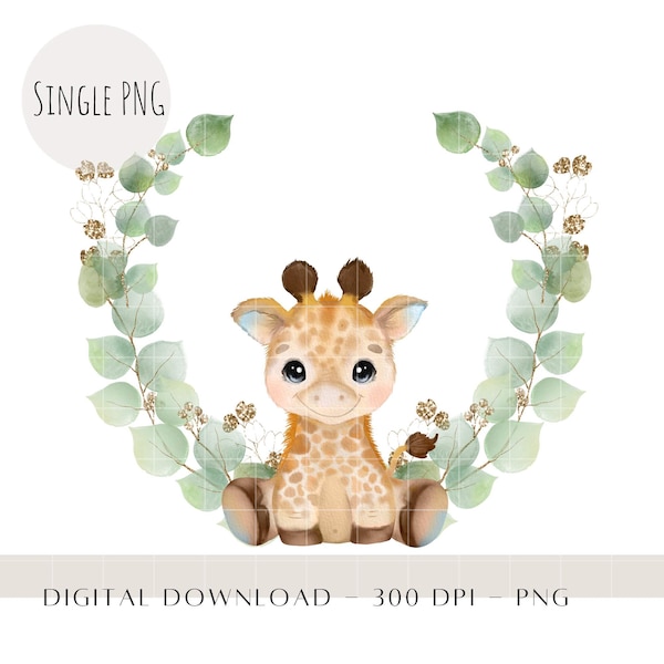 Baby Giraffe with Wreath, Watercolour Kids Animals Sublimation PNG, Safari Clip Art, Birthday Décor, Giraffe Heat Press Digital Download