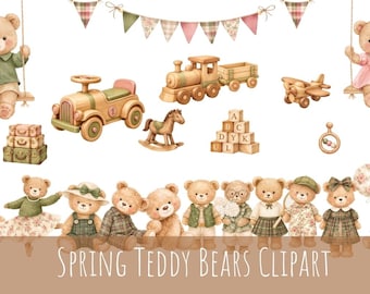 Imágenes prediseñadas de ositos de peluche en acuarela, imágenes prediseñadas clásicas para guardería infantil, imágenes PNG de juguetes vintage, decoración para baby shower, Grandmillennial, descarga digital