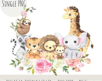 Watercolor Safari Animals PNG, Baby Shower Clipart (Digital Download)
