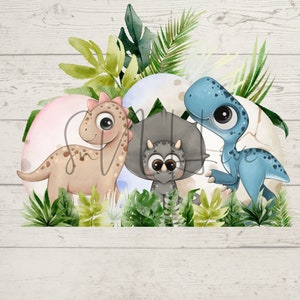May include: Three cartoon dinosaurs, a pink, brown, and blue dinosaur, are sitting in front of pastel colored eggs. The dinosaurs are surrounded by green leaves.