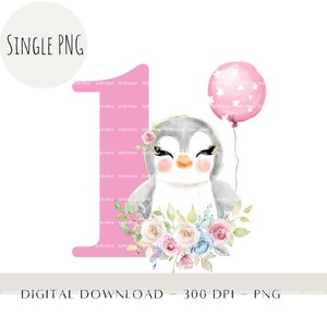 Pinguim bebê floral PNG, sublimação de animais infantis em aquarela, clipart Safari, decoração de primeiro aniversário, download de prensa térmica de pinguim para chá de bebê