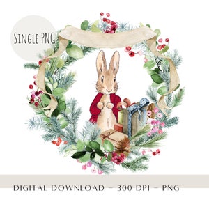 Coniglio di Natale 1° Natale PNG, design a sublimazione della ghirlanda di Peter Rabbit, primo design della cartolina di Natale, design del sacco di Babbo Natale, download digitale