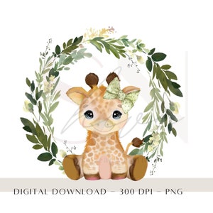 Baby Giraffe with Wreath, Watercolour Kids Animals Sublimation PNG, Wild One PNG, First Birthday Décor, Giraffe Heat Press Download