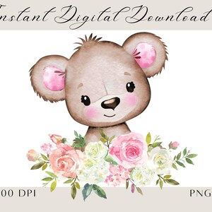 May include: A watercolor illustration of a brown teddy bear with pink ears, peeking out from behind a bouquet of pink, white, and green flowers. The image is 300 DPI and in PNG format.