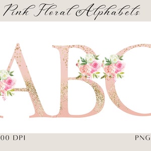 Números de mesa floral, letras florais em aquarela rosa blush, inicial floral PNG, alfabeto botânico, berçário de meninas ouro ABC alfabeto clipart