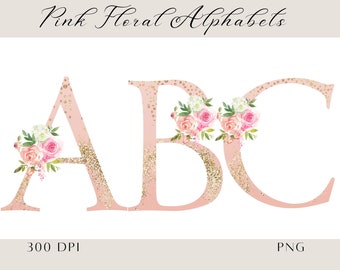 Alfabeto floreale ad acquerello, lettere rosa in formato PNG, lettere dell'alfabeto con monogramma floreale, iniziali per baby shower, design per sublimazione per la cameretta.