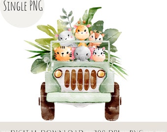 Watercolor Safari Baby Animals PNG, Jungle Jeep Clipart (Digital Download)