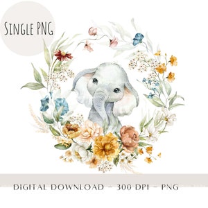 Elefante bebê com guirlanda floral, berçário Safari, design de sublimação infantil, decoração de aniversário, chá de bebê, download digital de prensa térmica de elefante