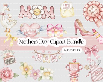 Paquete de imágenes prediseñadas en acuarela para el Día de la Madre, elementos PNG para mamá, imágenes prediseñadas vintage en rosa, la mejor mamá del mundo, pastel, flores, cinta, máquina de escribir, uso comercial.