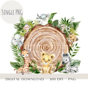 Safari-Baby-Tiere-Baumstamm PNG, Geburtstags-Sublimationsdesign, Zoo-Dschungel-Tropisches Geburtstags-Dekor, Wildtier-Kulisse, digitaler Download