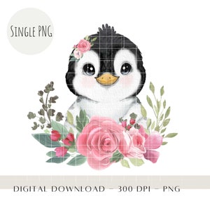 Clipart floral de pinguim bebê, aquarela crianças animais sublimação PNG, Safari Clip Art, decoração de primeiro aniversário, download de imprensa térmica de pinguim