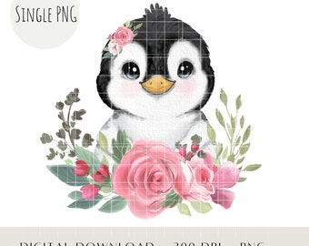 Floral Baby Penguin Clipart, Watercolor Kids Animals Sublimation PNG, Safari Clip Art, First Birthday Décor, Penguin Heat Press Download