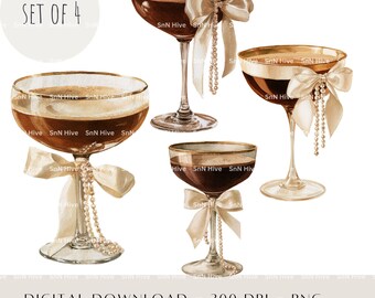 Espresso Martini PNG, Christmas Cocktail PNG, Coupe Glass Watercolor, Pearl Bow Clipart, Holiday Party Clipart, Set of 4, Digital Download