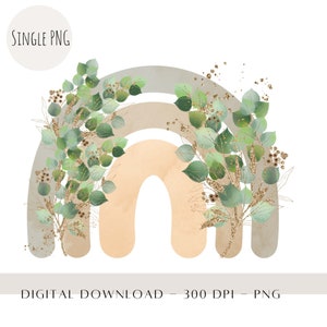 Arc-en-ciel neutre avec eucalyptus PNG, conception de sublimation pour enfants, nouvelle conception de carte de bébé, décor d'anniversaire de verdure, téléchargement numérique instantané