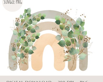 Neutral Rainbow with Eucalyptus PNG, Kids Sublimation Design, New Baby Card Design, Greenery Birthday Décor, Instant Digital Download