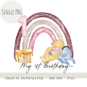 Winnie The Pooh First Birthday PNG, Watercolor Rainbow Clipart, Cute Bear Cake Smash, Honey Cake Birthday Party Decor, Instant Download