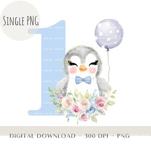 Pinguim bebê floral azul PNG, sublimação de animais infantis, cartão de convite de primeiro aniversário, fundo de bolo, design de camisa, download digital